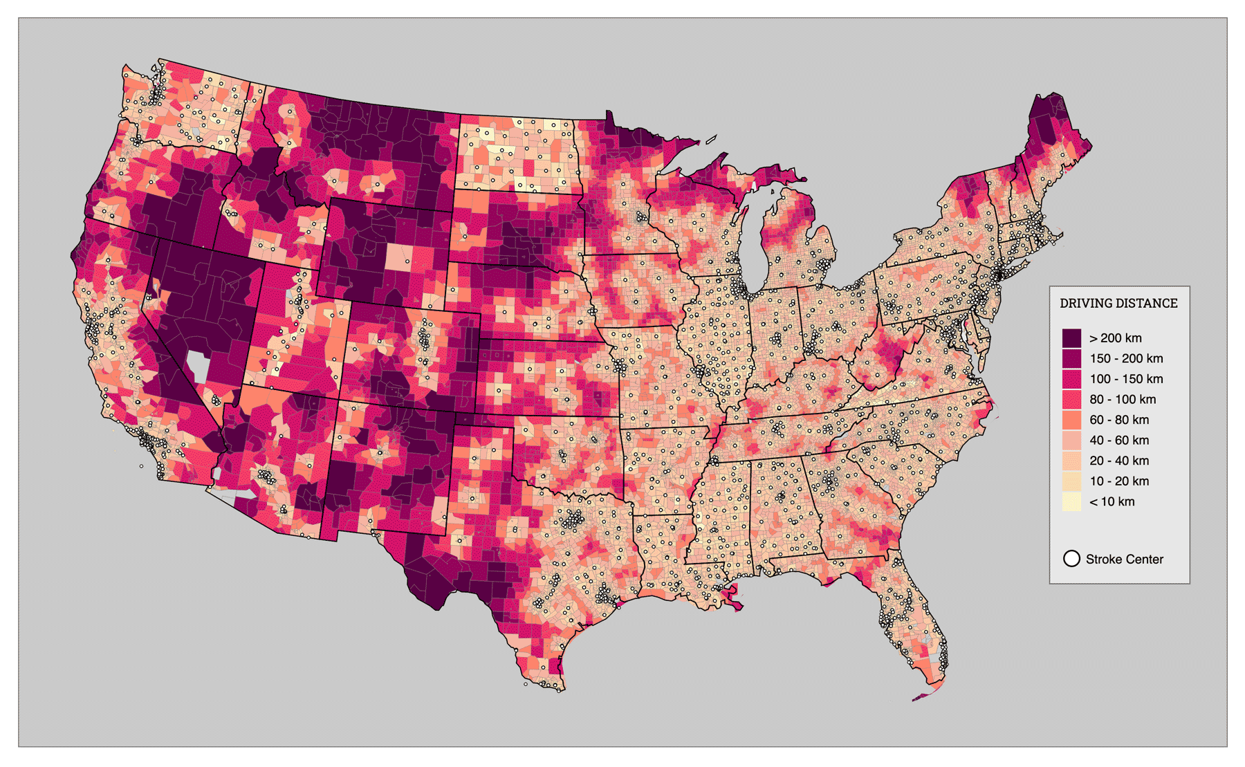 United States stroke center distances